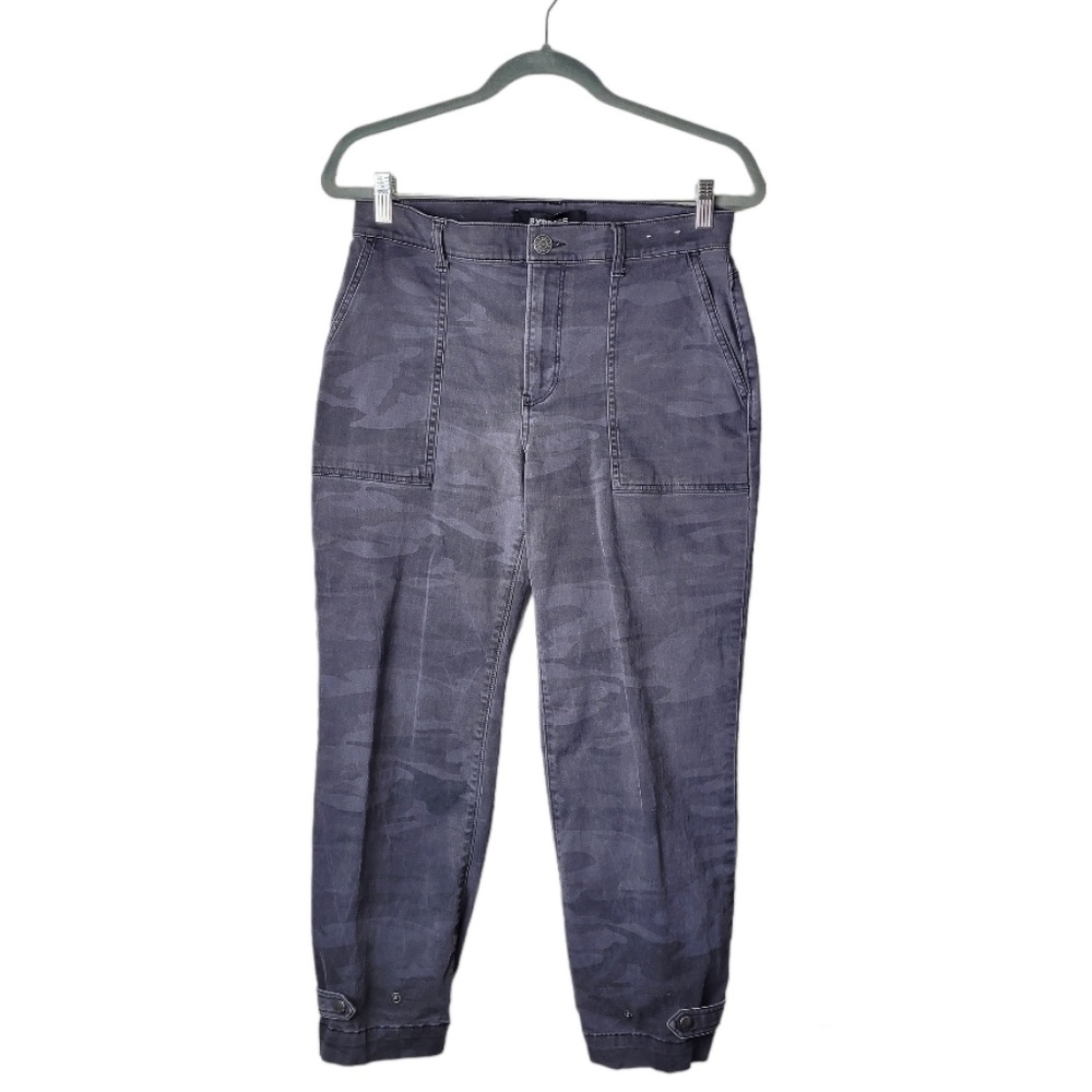Express Cropped Straight High Rise Gray Camo Jeans
